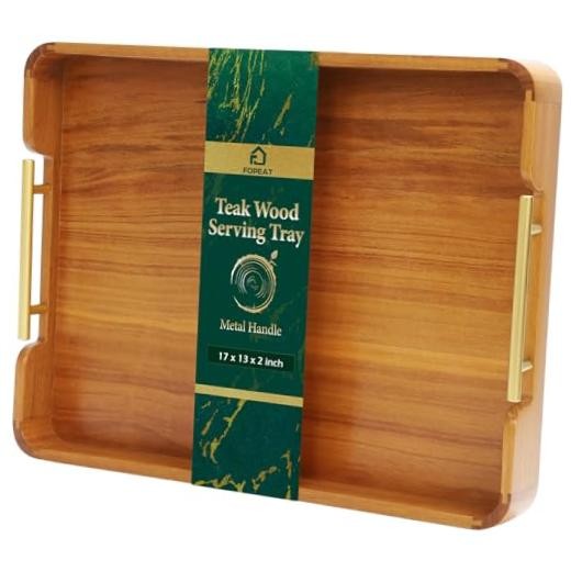 Solid Teak Wood Serving Tray with Handles, 17″x13″x2″ 17″ x 13″ x 2″