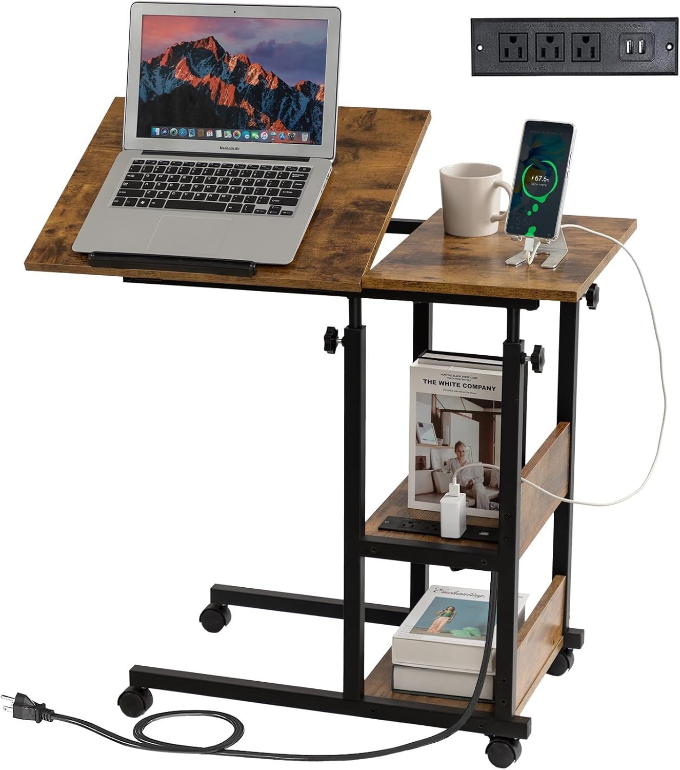Height Adjustable C-Shaped End Table with Tilt Top & USB Charging – Rustic Brown