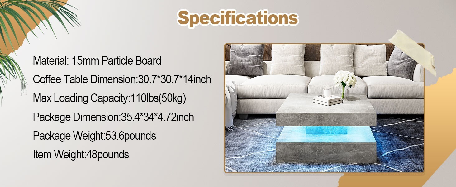Modern Square LED lighting coffee table LED living room coffee table gray