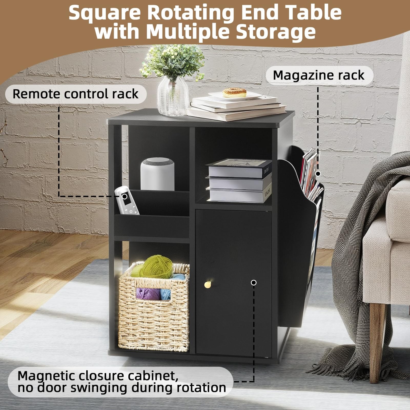 Rotating End Table with Storage Square Rotating Side Table Living Room Side Ta