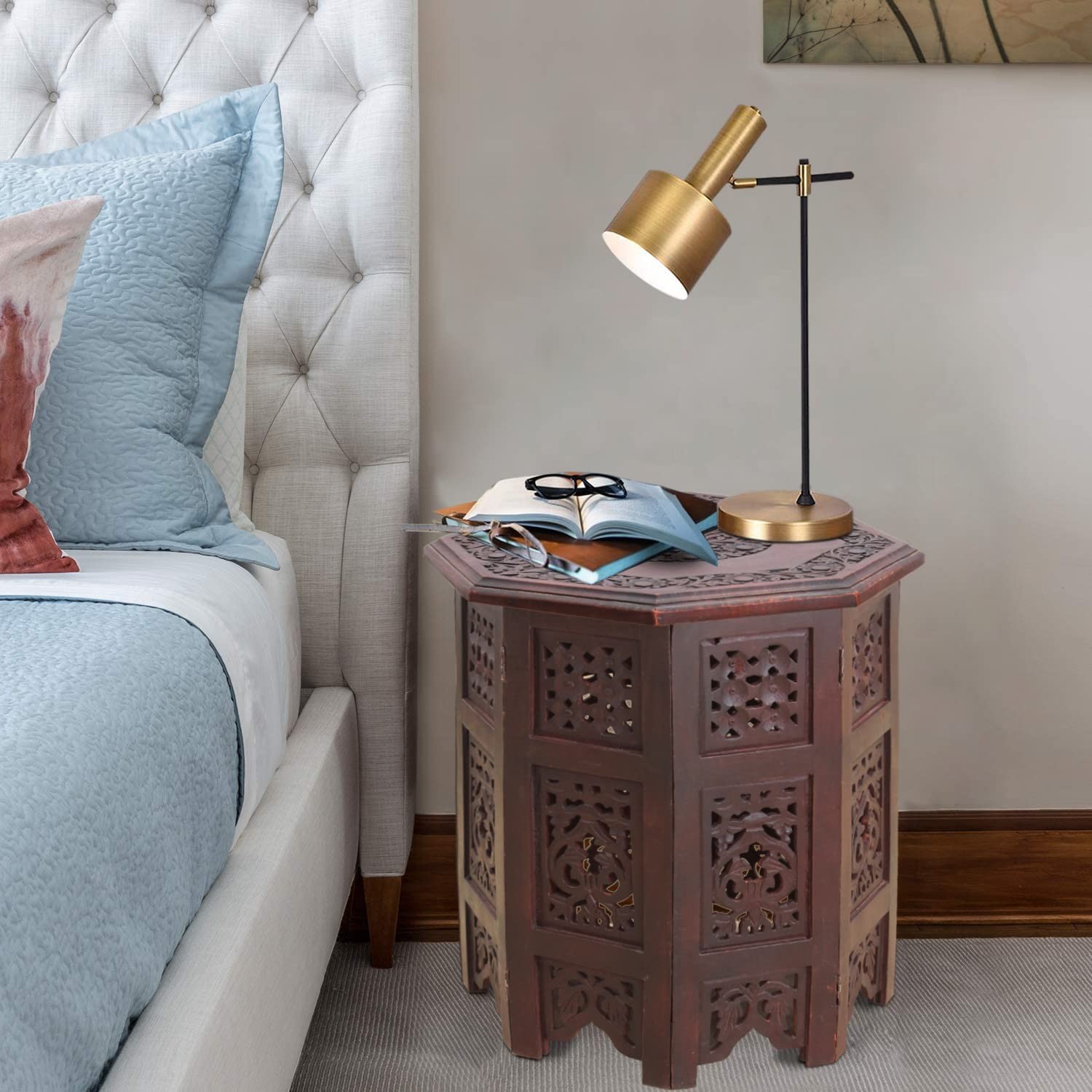 Accent End Table Solid Wood Hand Carved Folding 18×18 Brown Vintage Boho