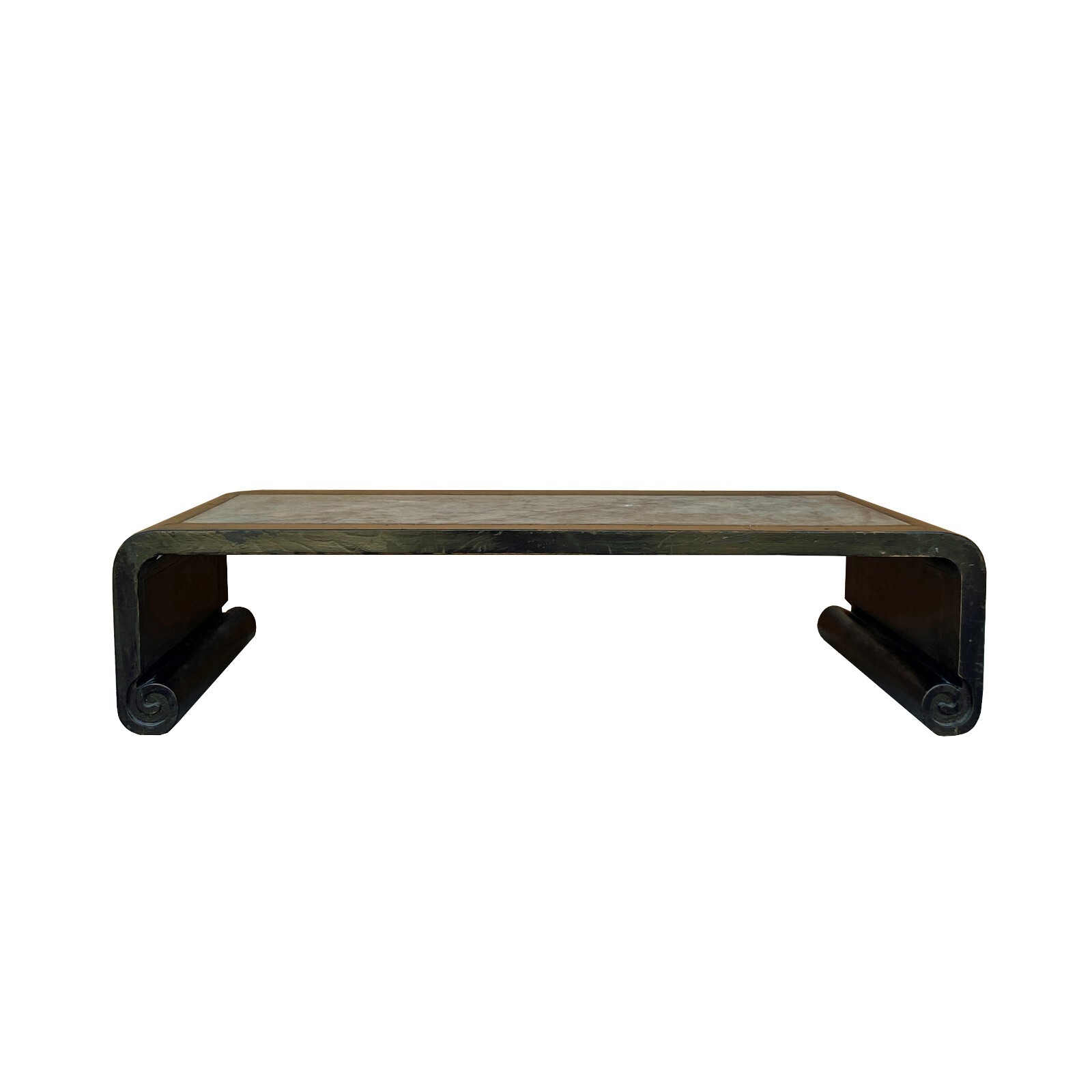 Distressed Black Lacquer Stone Top Scroll Legs Rectangular Coffee Table cs7287