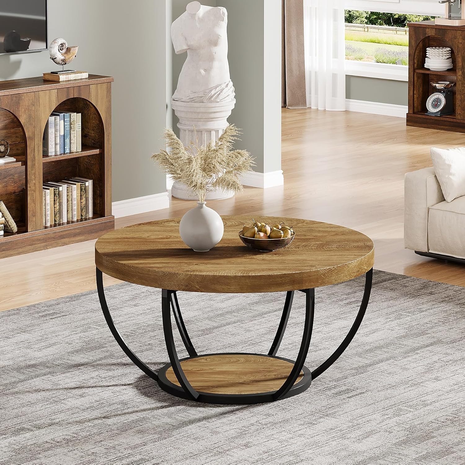 2-Tier Round Coffee Table Industrial Circle Wooden Center Table For Living Room