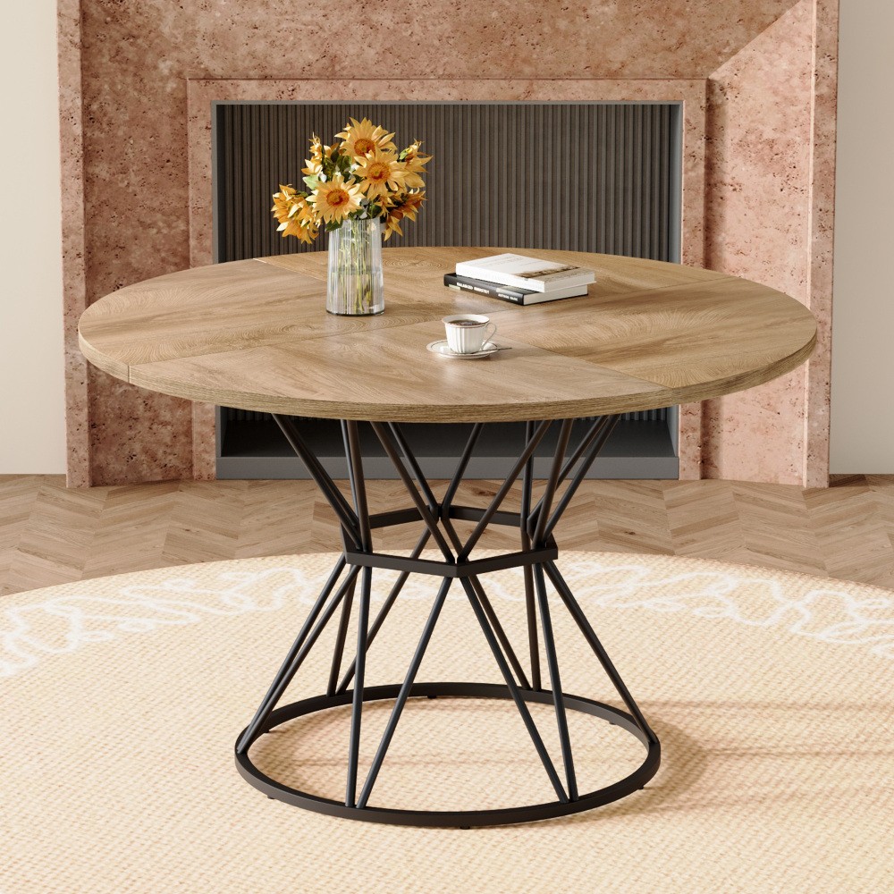 47.3″ Circular Dining Table, Walnut MDF Top, Black Hourglass Metal Base, for 4-6
