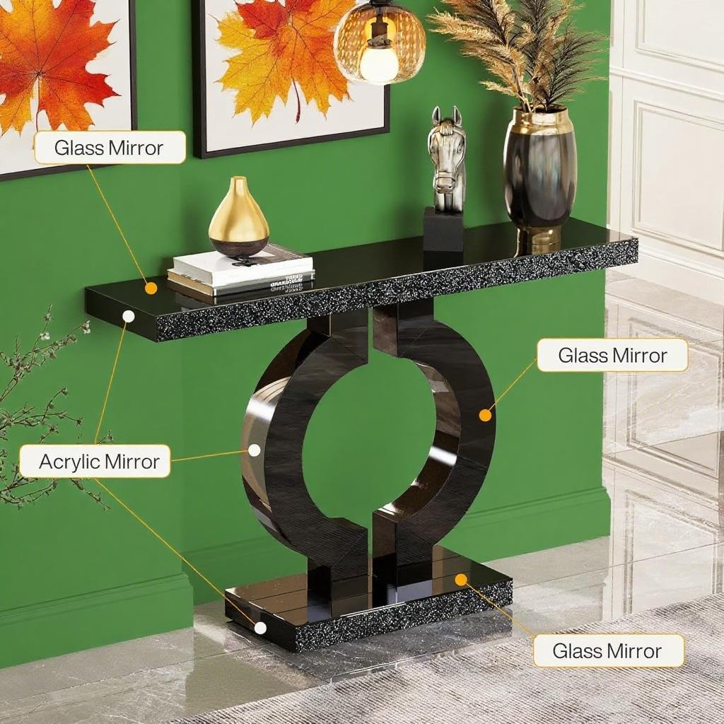 Long Console Table with A Pristine Mirrored Finish and A Unique O-shaped Base
