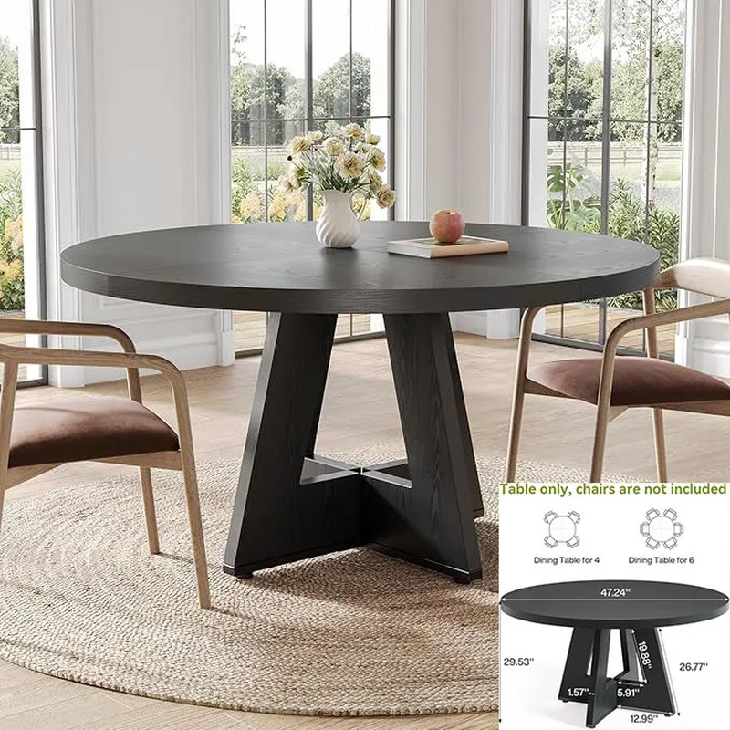 Black Dining Table For 4-6 Modern Kitchen Table Wood Legs Living Room 47 Inch
