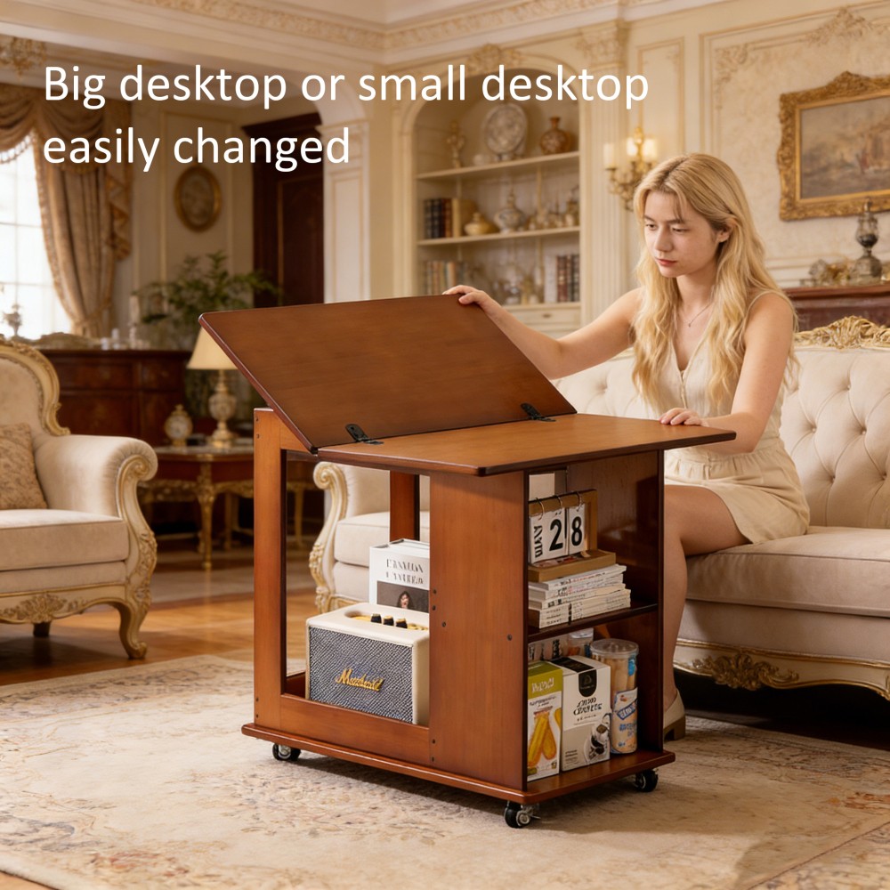 Folding Edge Table With Movable Storage, Bamboo Foldable Tabletop for Beds Sofas