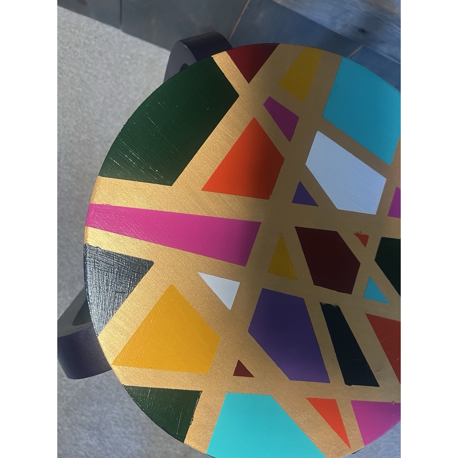Hand-Painted Side Table Unique Colorful Navy Blue Legs Gold Geometric Boho