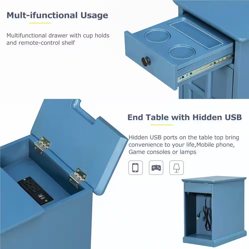 24 In. Navy Rectangle Wood End Table with USB Ports and 1-Drawer W/Cup Holders S