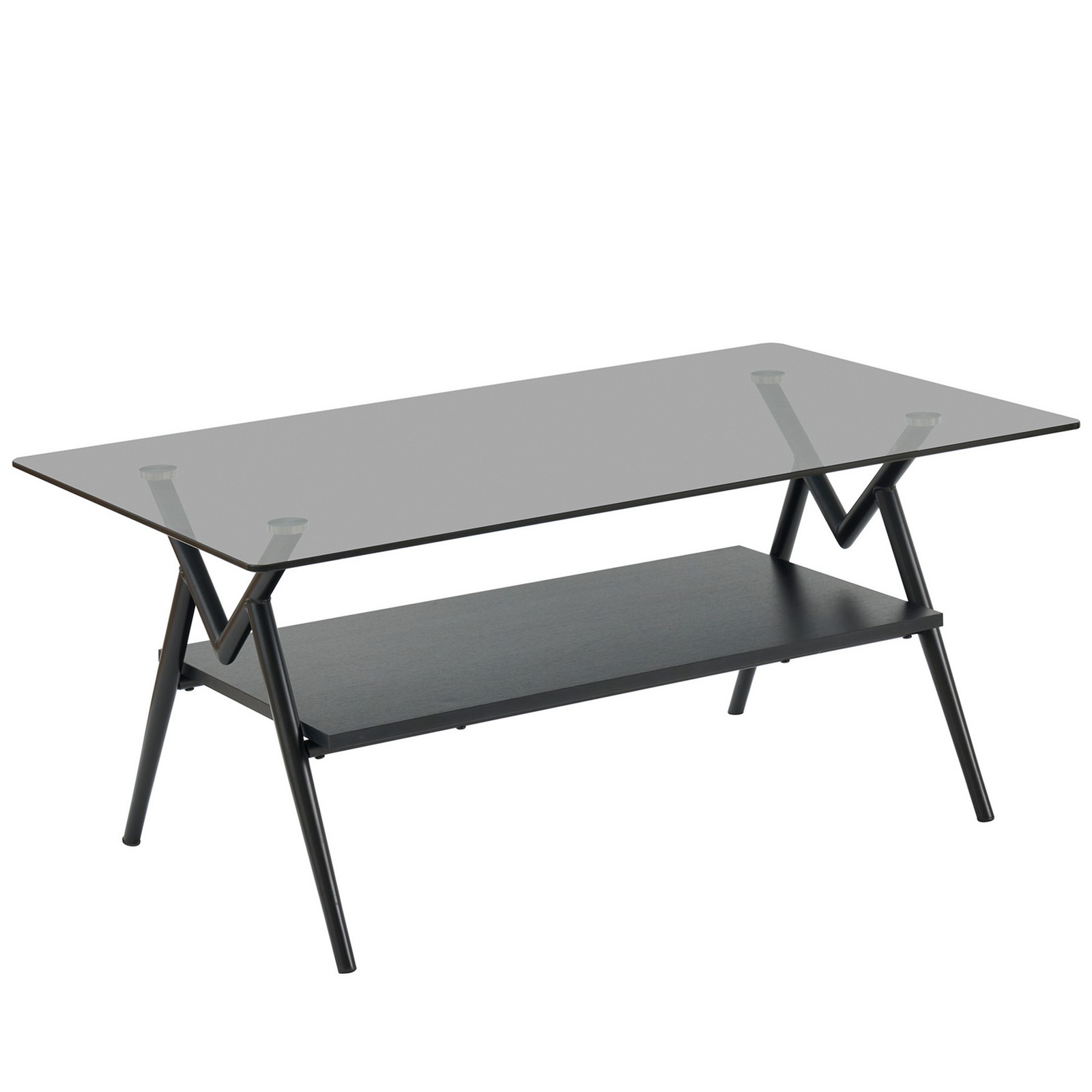 W38.6″ Tempered Glass Metal Legs Coffee Table Sofa Cocktail Centre Table w Shelf