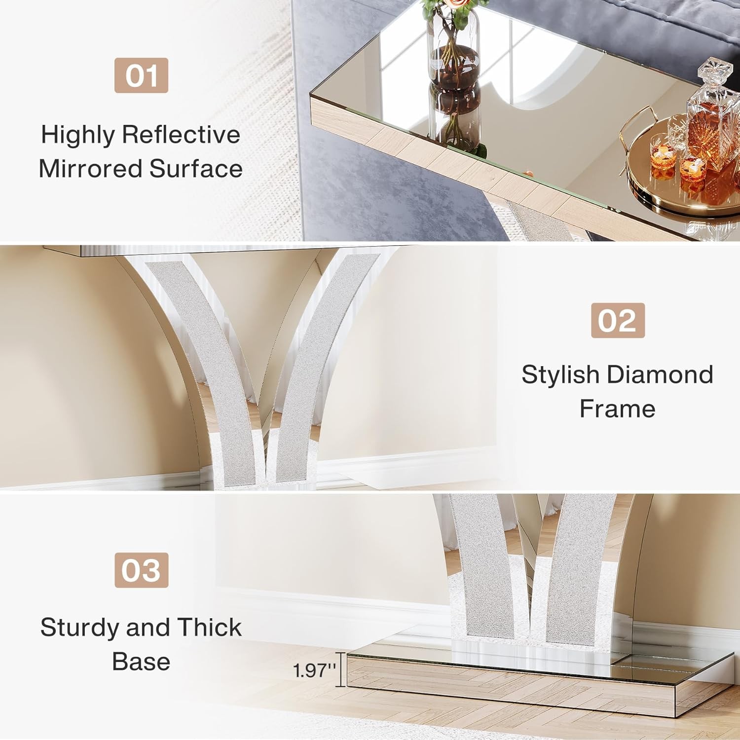 40″Sliver Mirrored Console Table, Modern Entryway Sofa Table with Crystal Frames