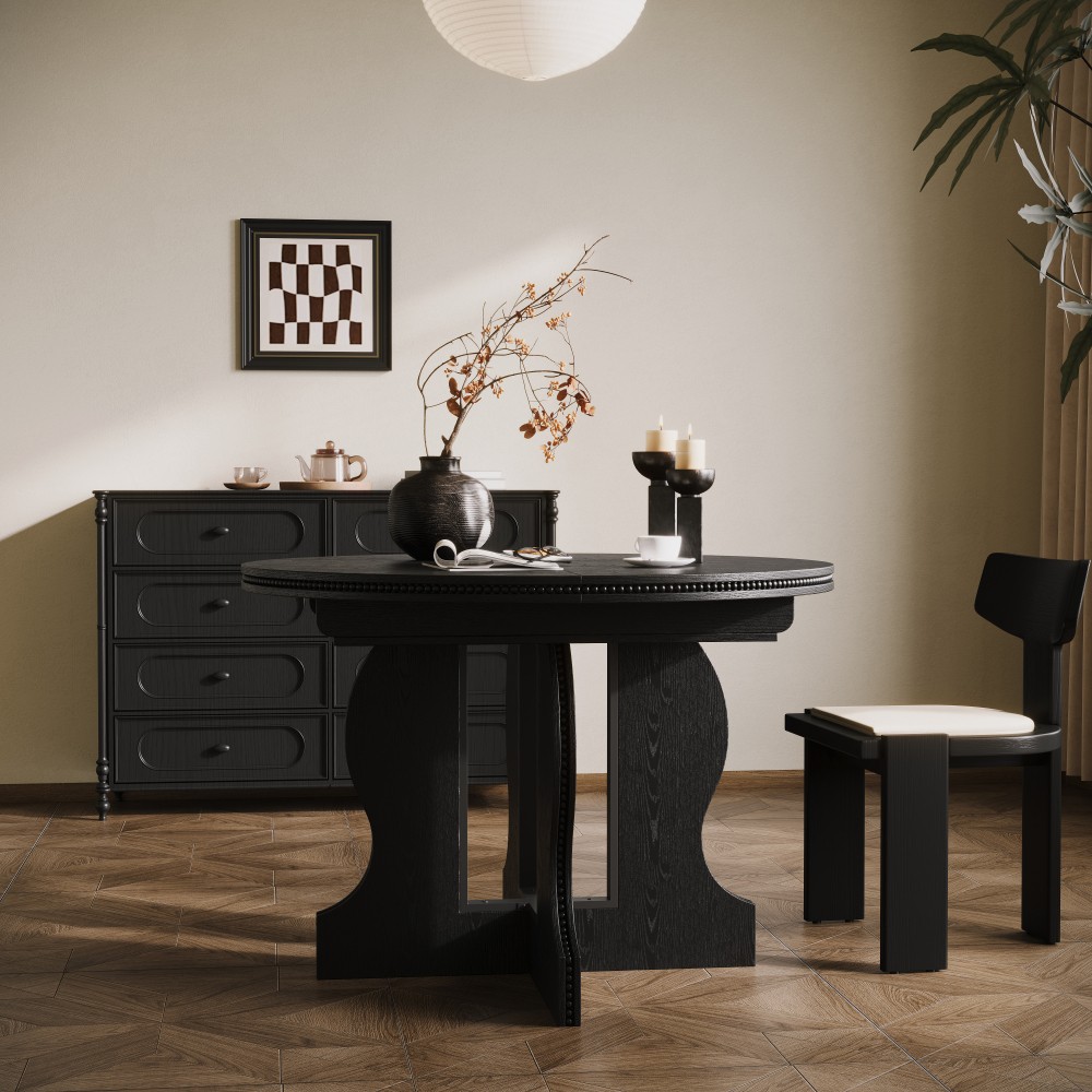 Farmhouse Expandable Round Oval Dining Table Glossy MDF Top Heavy Duty Wood Base