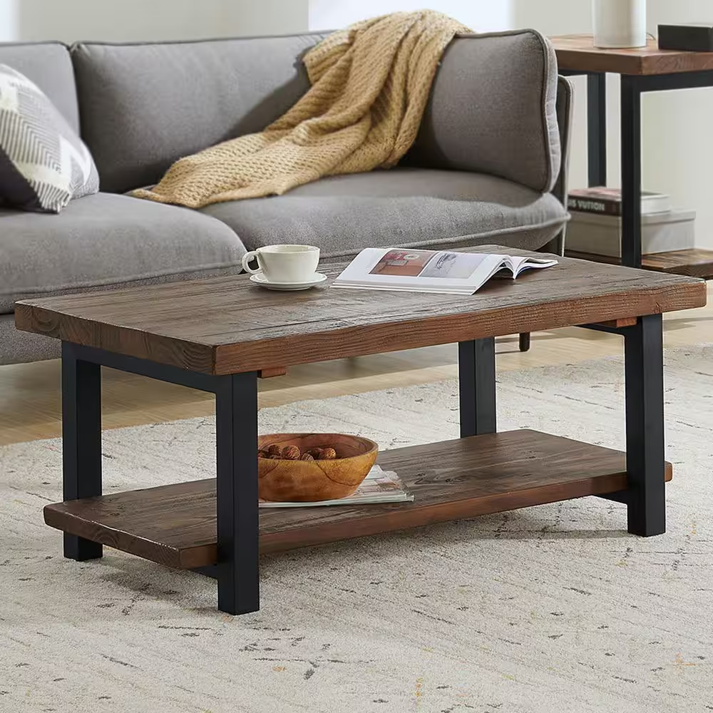 Pomona 42 In. Rustic/Natural Rectangle Wood Top Coffee Table with Shelf