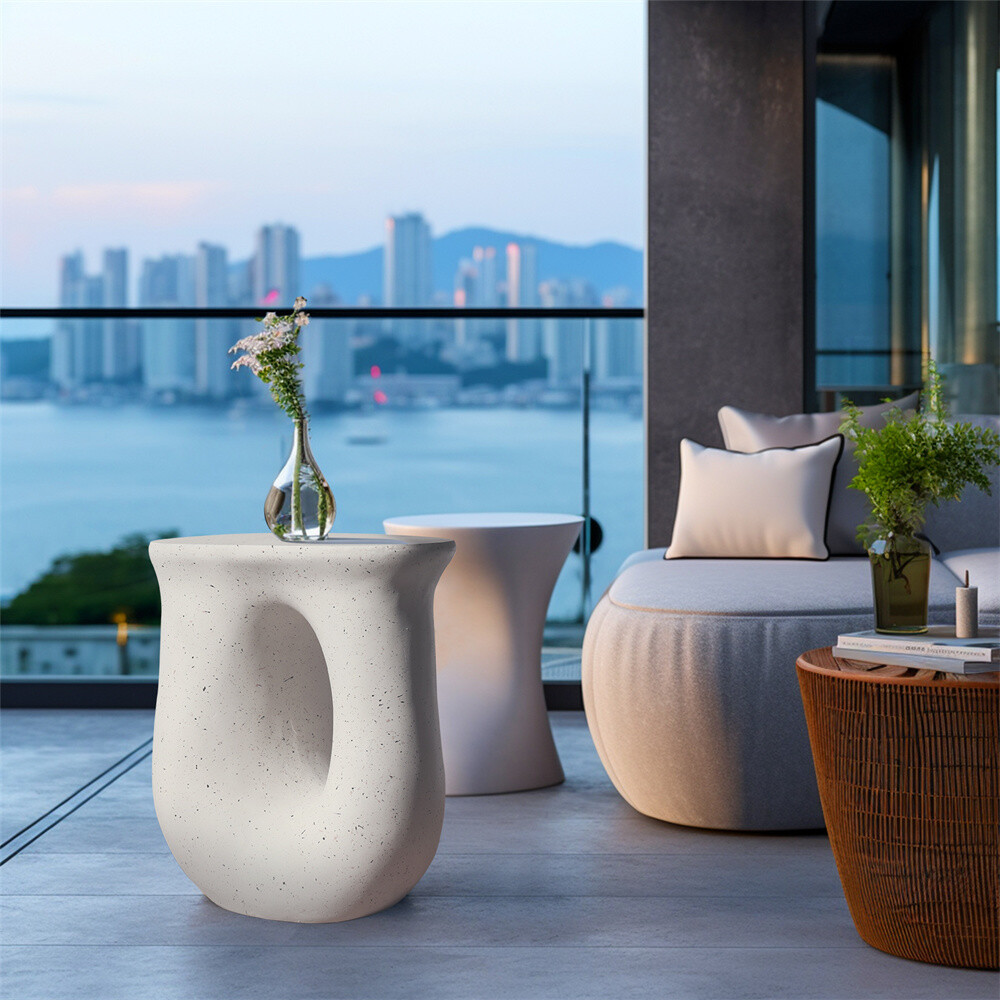 Outdoor Lightweight Concrete Side Table Garden Stool Terrazzo Plant Table White