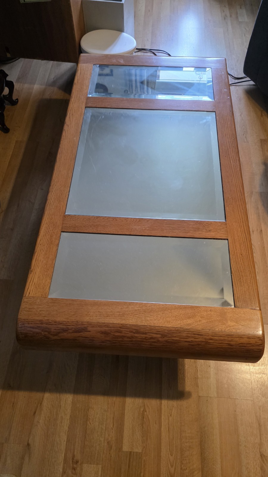 Rectangular Medium Wood Coffee Table with Clear Glass Top, Brown, Living Room