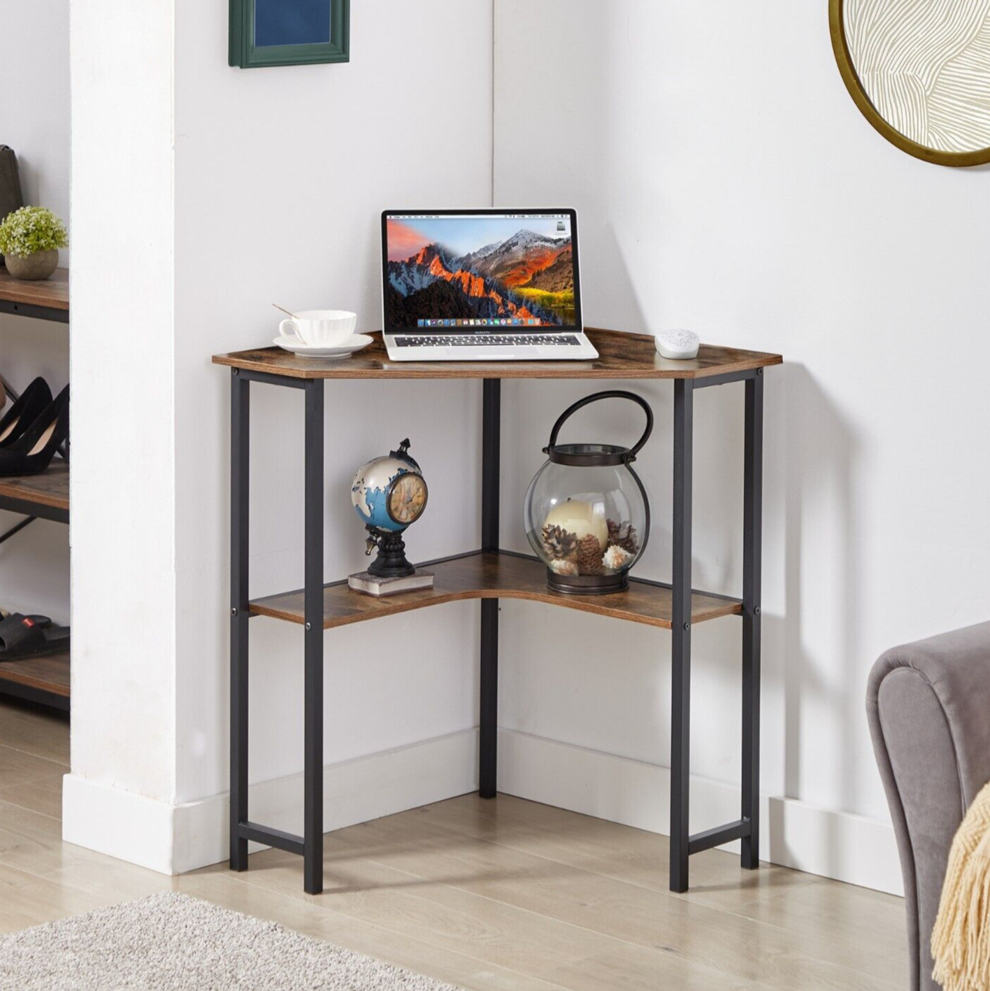 Corner Computer Desk with Storage Shelves Triangle Writing End Table Small Space