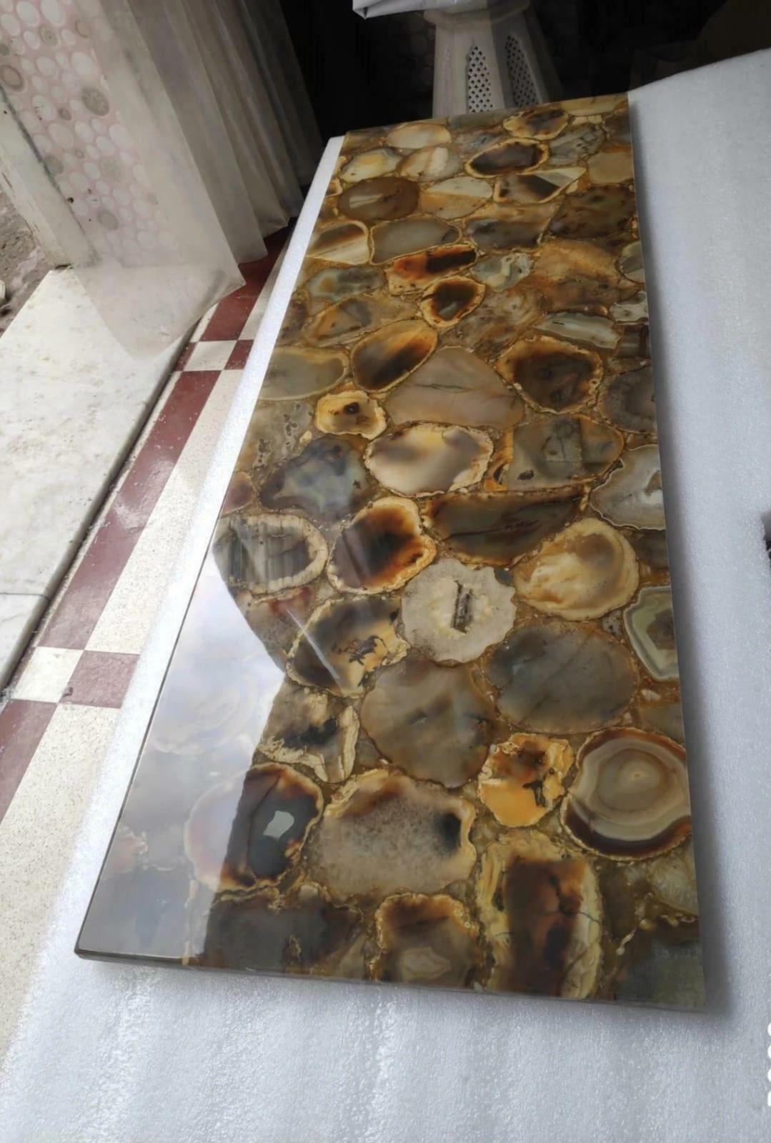Yellow Agate Side Table Top | Epoxy Agate Coffee Table | Custom Stone Backsplash