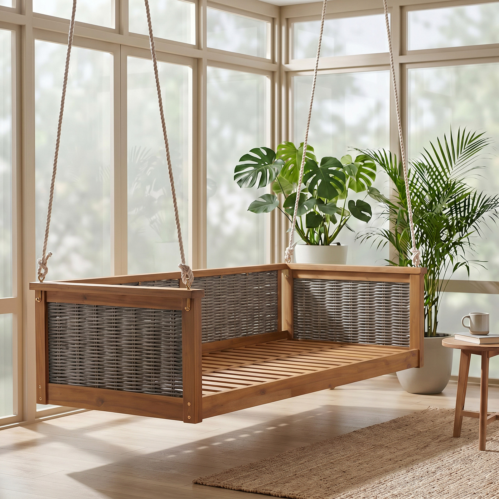 Acacia Wood Rattan Swing Bed Twin Size Outdoor Patio Porch Teak