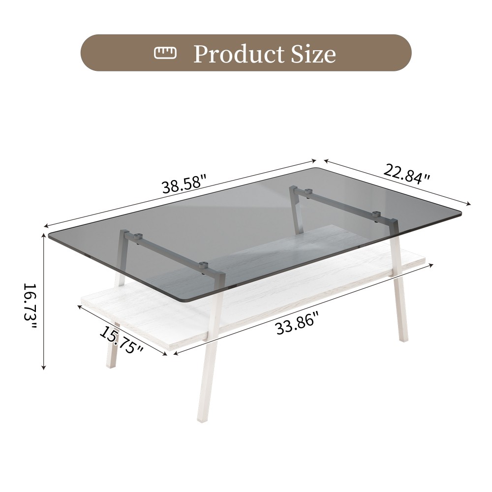 Gray Glass Rectangle Coffee Table, White Metal Legs