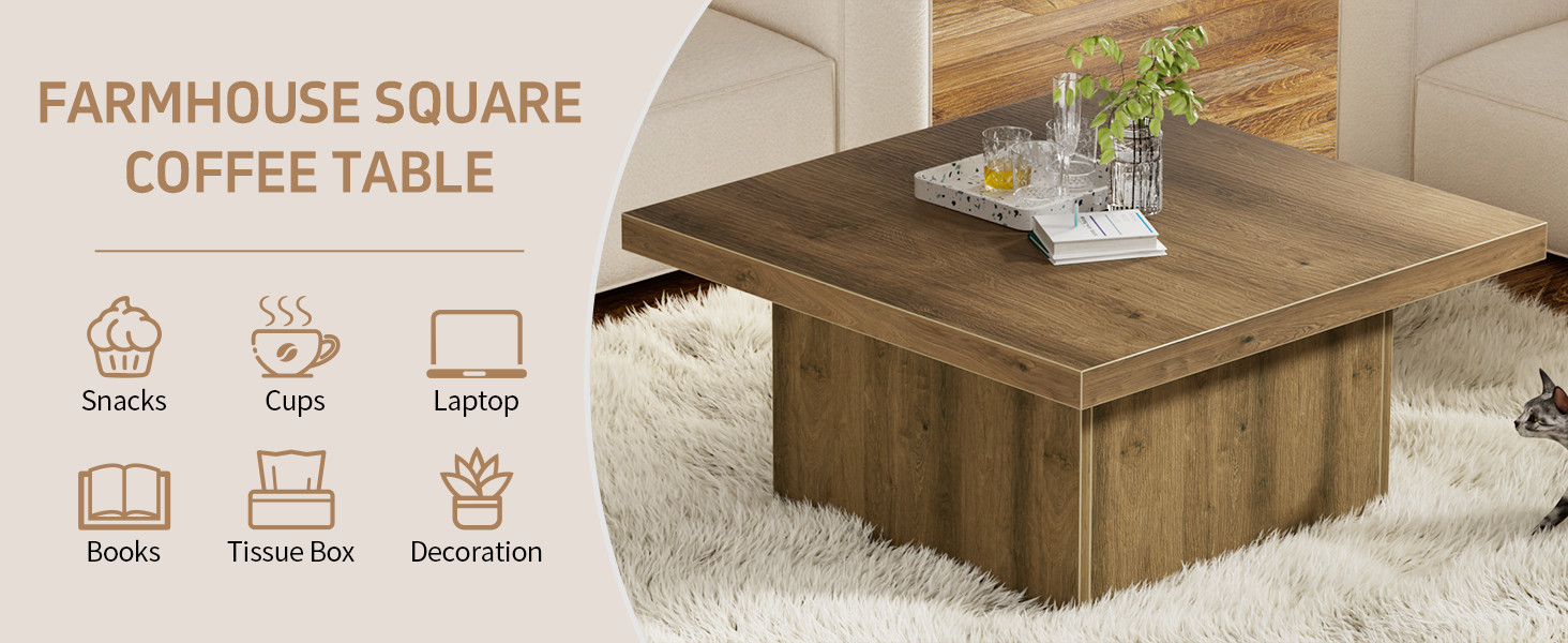 MILEFA Square Coffee Table,Wooden Living Room Table,Center Table with a Large…