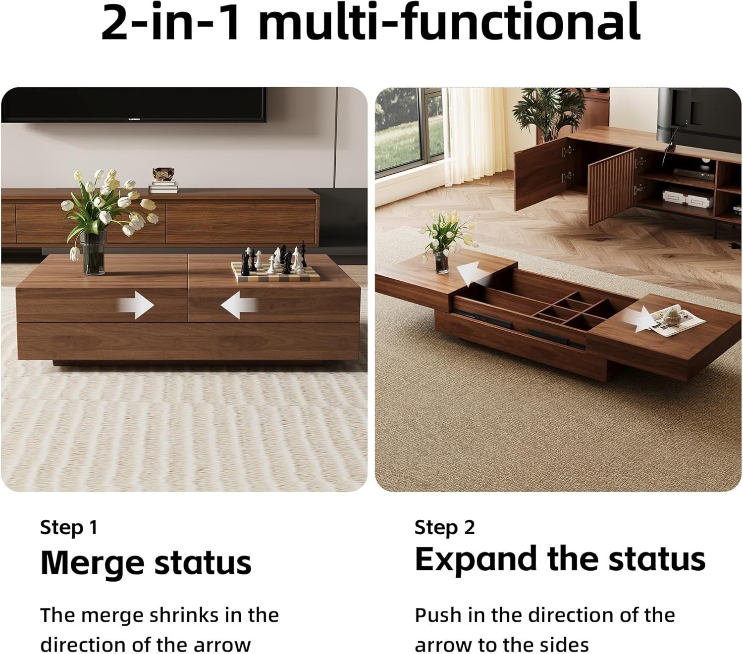 Mid Century Coffee Table with Storage Adjustable Table for Living Room Walnut