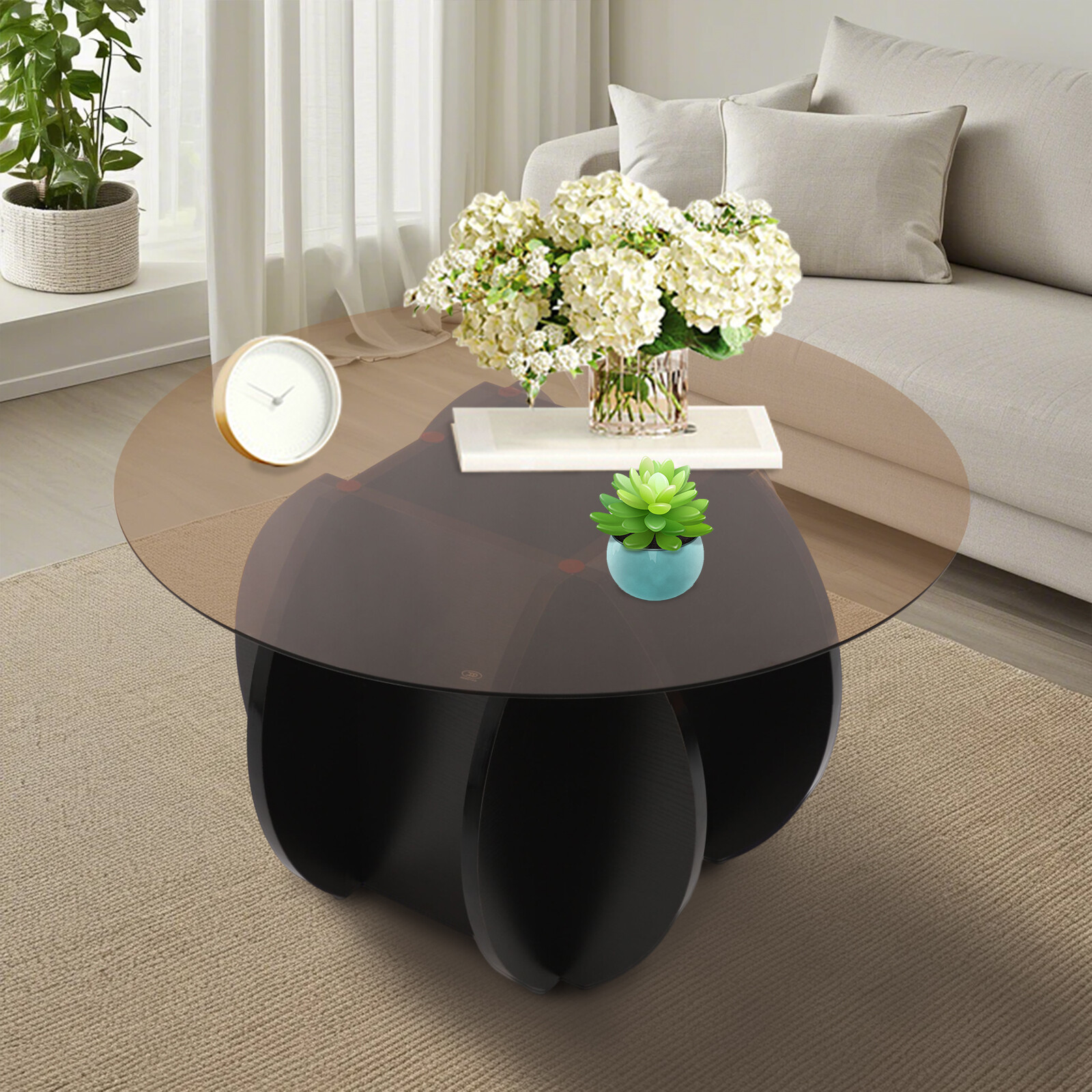 31″ Round Glass Tabletop Coffee Table Unique Circle Center Table with Wood Base