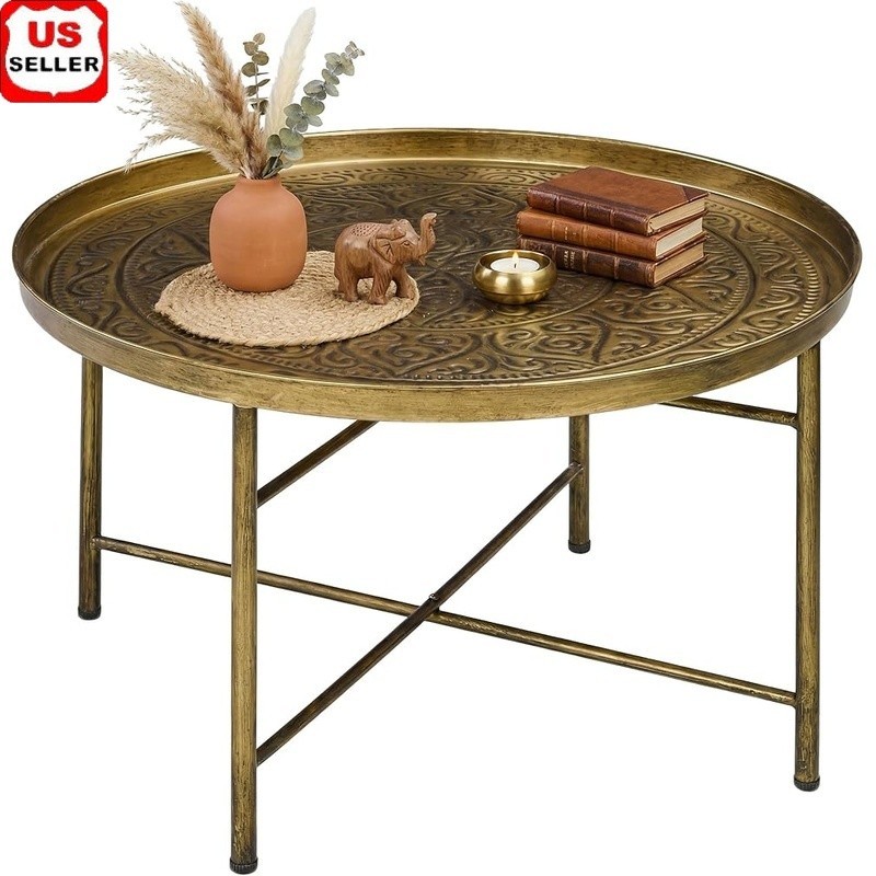Handmade Metallic Round Coffee Table W/ Floral Pattern Living Room Use