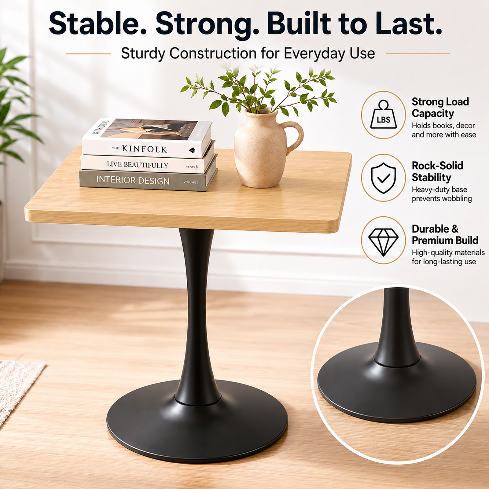 Square Dining Table 27.6″ Table Modern Bistro Table for Kitchen Cafe Natural