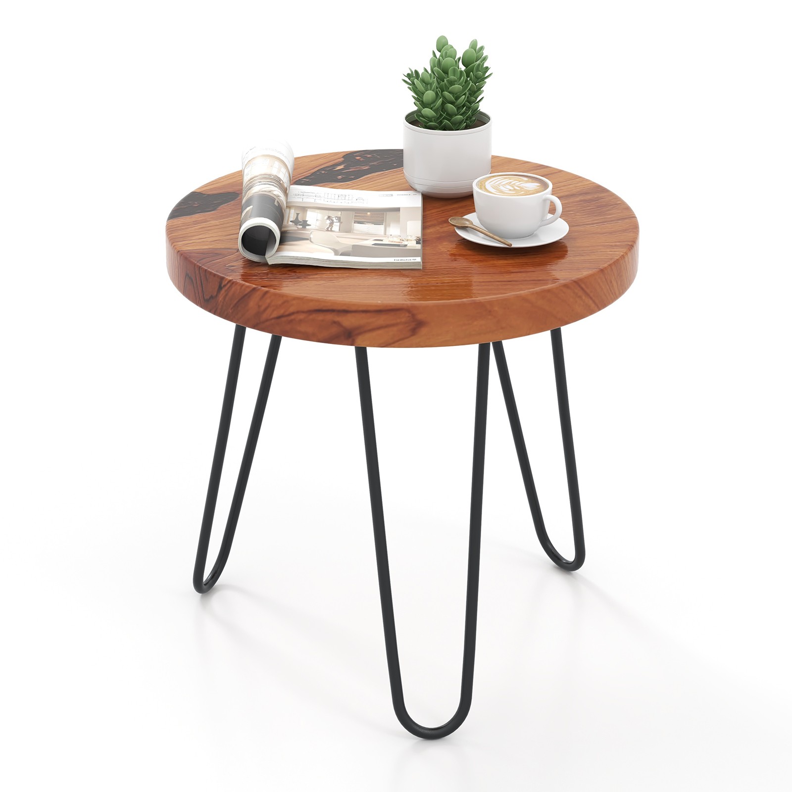 20″ Round Teak Wood End Table Solid Live Edge Outdoor Side Table w/Metal Frame