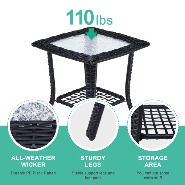 Glass Top Wicker Patio End Table 2-Tier Storage Side Table Indoor Outdoor Use