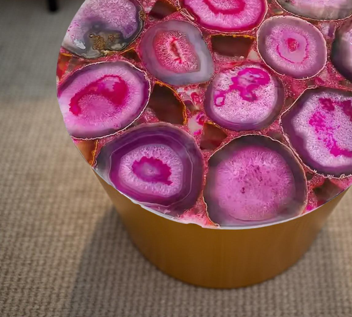 Pink Agate Round Coffee Table | Handmade Gemstone Side Table for Living Room