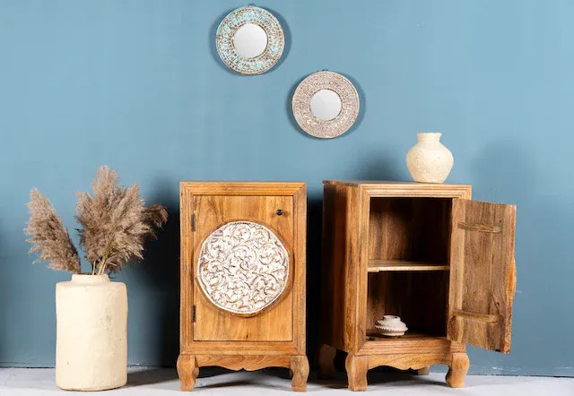 Handmade Wooden Nightstand Hand Painted Artisan Bedside Table