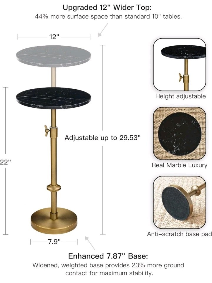Adjustable-Height Heavy Black Marble Drink Cocktail Table 12″ Round Antique Look