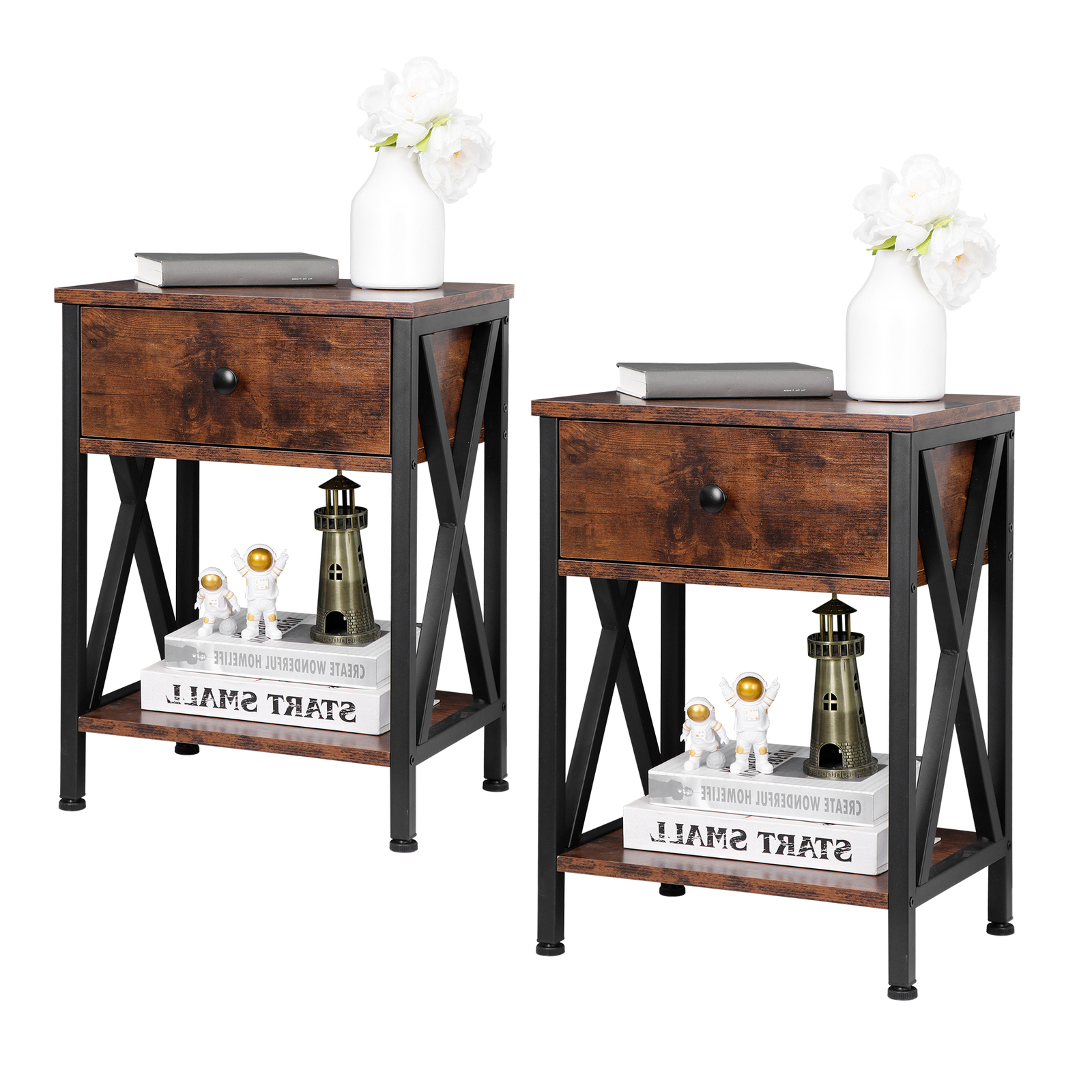 2 Pieces Home End Table Storage Display Metal Frame MDF Top with Drawer, Brown