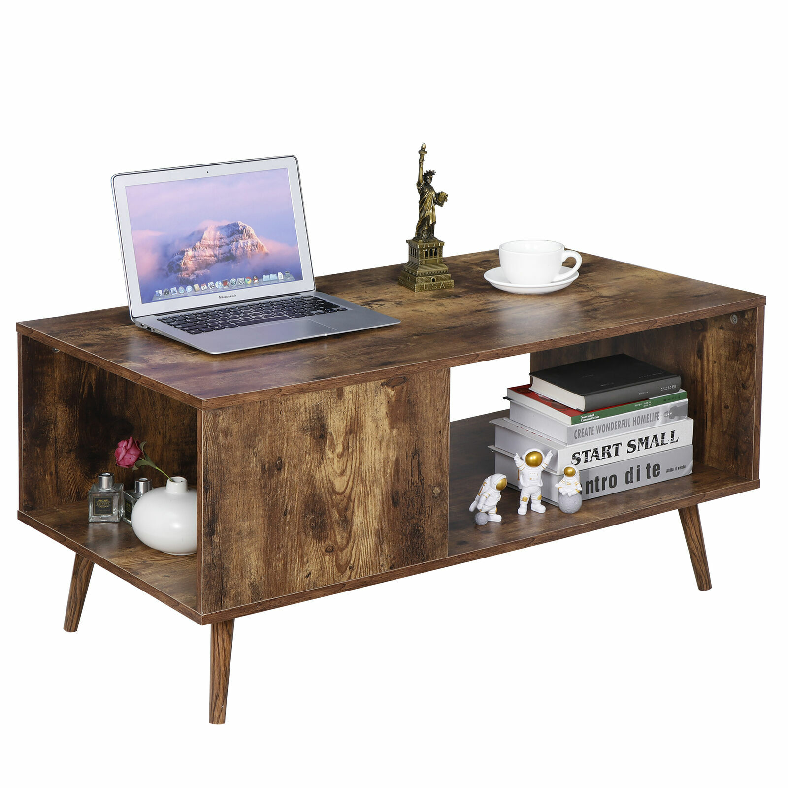 Retro Coffee Table Rectangular Open Storage Wooden Shelf Stand For Living Room