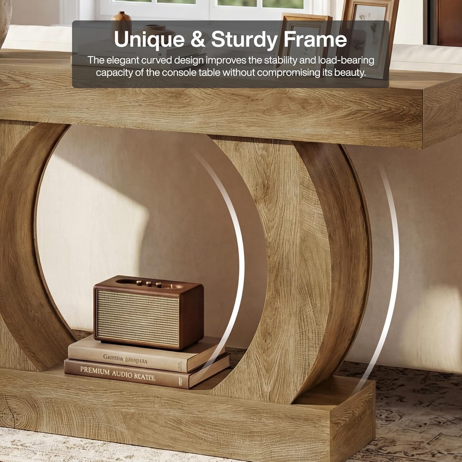 59-Inch Farmhouse Console Table, Curved Entryway Table with Unique Circular Base