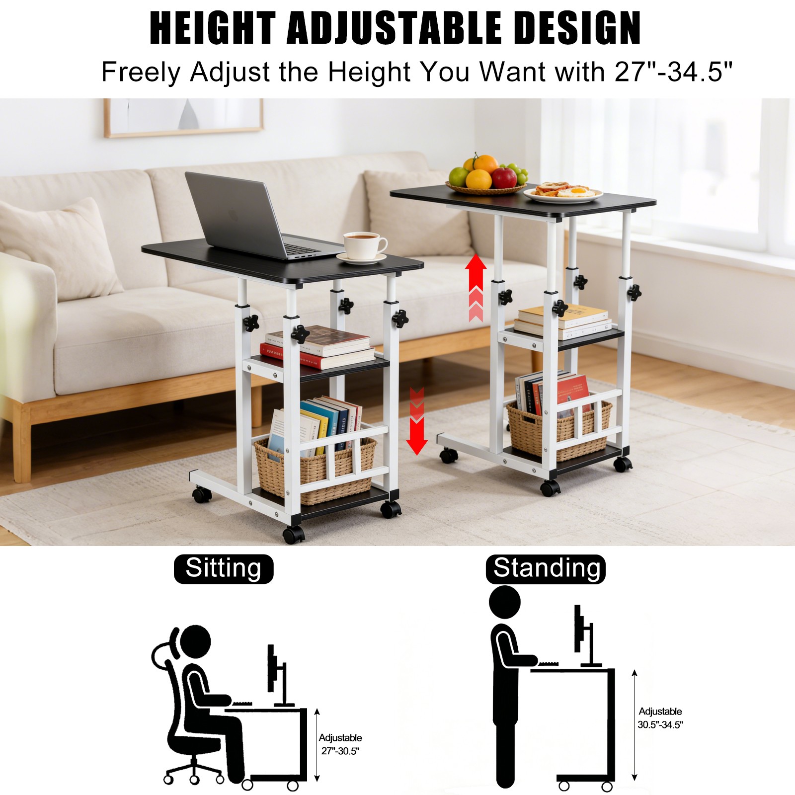 Height Adjustable C Table on Wheels with Storage Shelves Sofa End Table