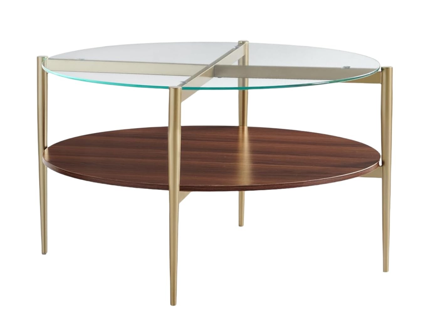 Coffee Table D30 x H17 in 2-Tier Clear Glass Top Walnut MDF Gold Finish