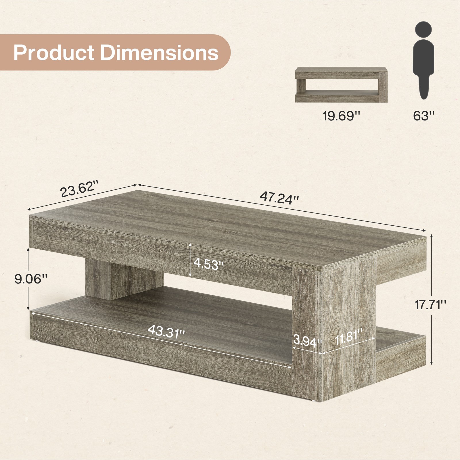 Tribesigns 47″ Rectangle Coffee Table for Living Room, Center Table with Storage