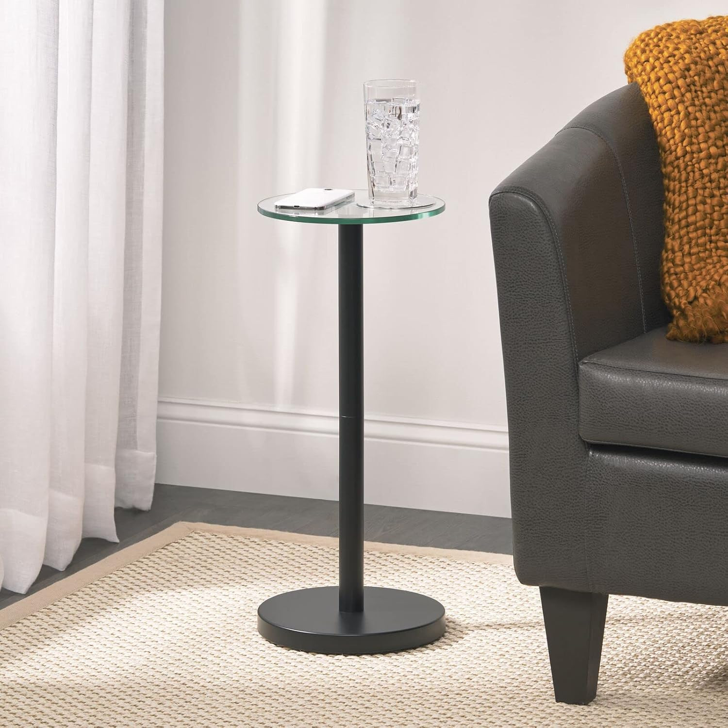 Modern Round Glass Top Accent Table – 9″ Clear/Matte Black for Any Room