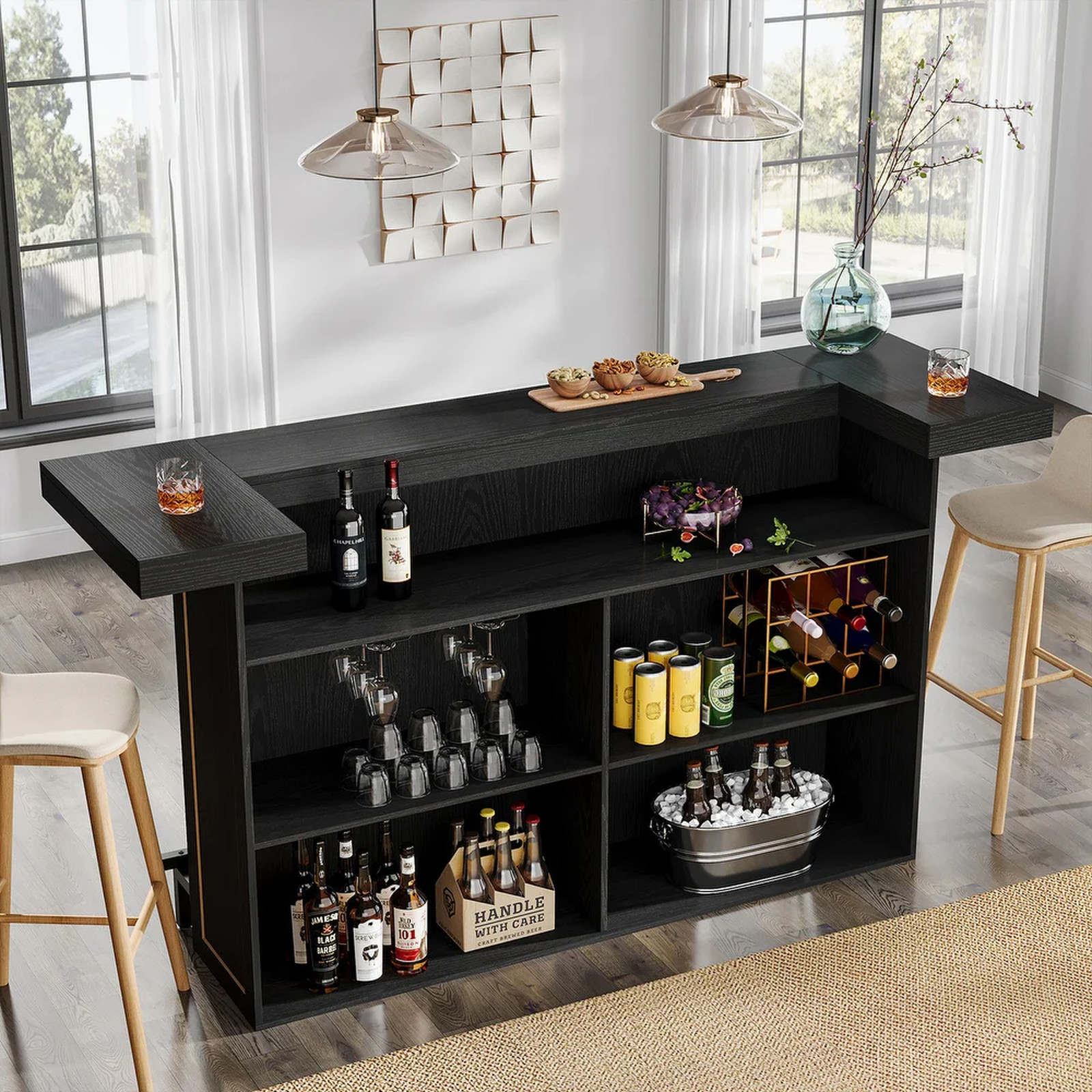 Modern Home Bar Cabinet 70.9″ Table Counter Height Liquor Storage Black Station