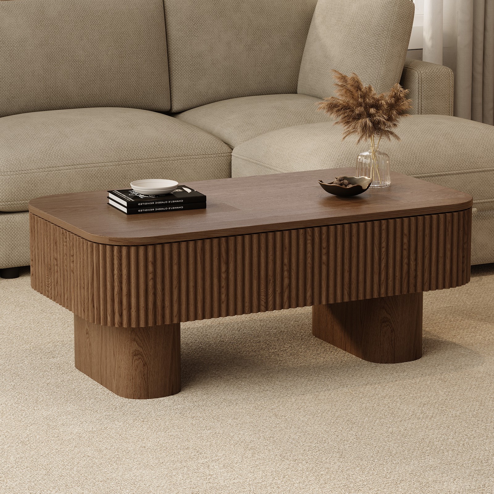 Modern Fluted Coffee Table with Hidden Storage Wood Center Table for Living Room