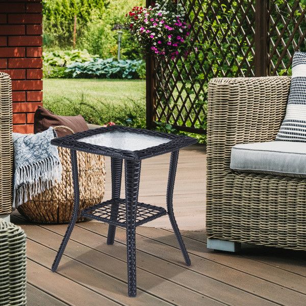 Glass Top Wicker Patio End Table 2-Tier Storage Side Table Indoor Outdoor Use