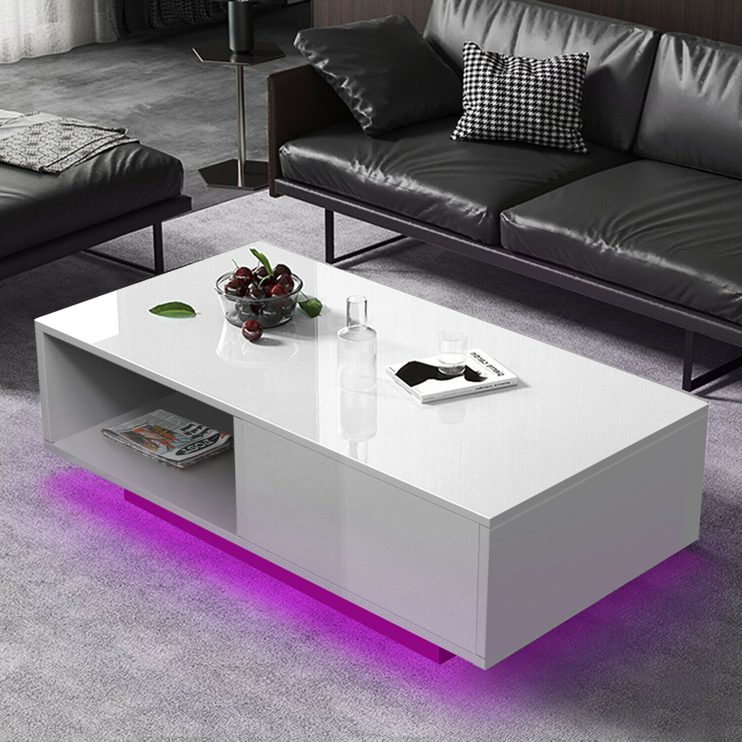 New Super Large 43″ High Gloss Side Coffee Table w/LED+Drawer Living Room White