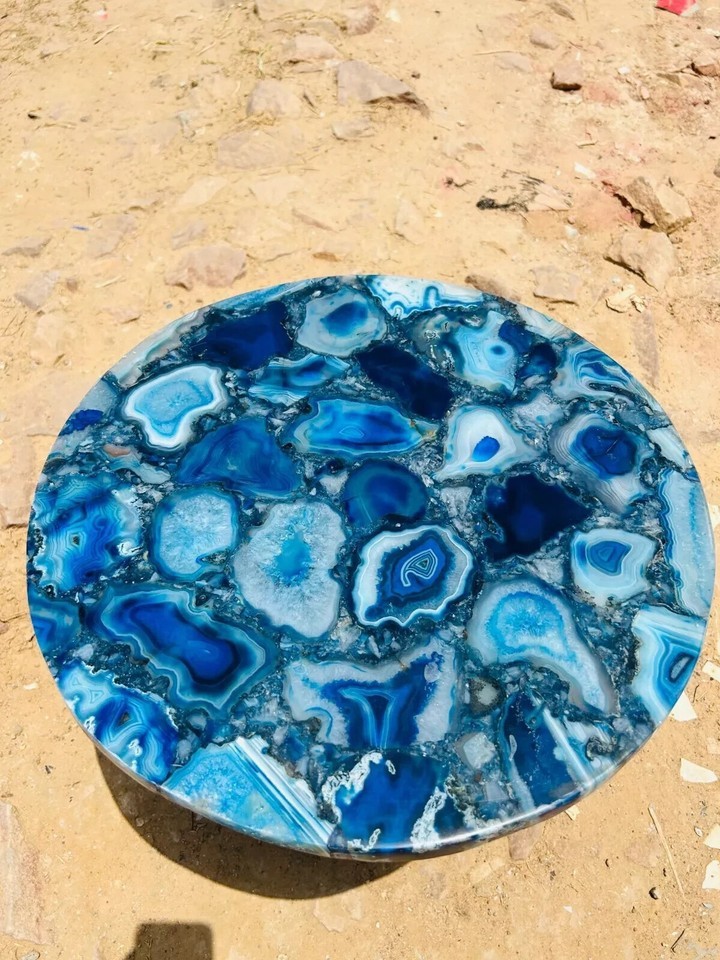 Handmade Round Blue Agate Coffee Table – Unique Natural Stone Accent for Living