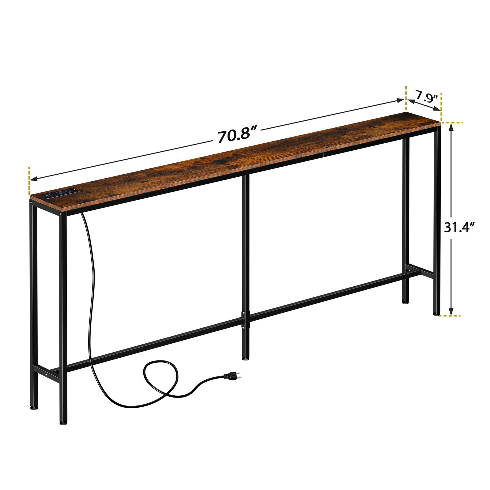 70.8″ Narrow Console Table w/ Power Outlet Behind Couch Sofa Table Rustic Brown