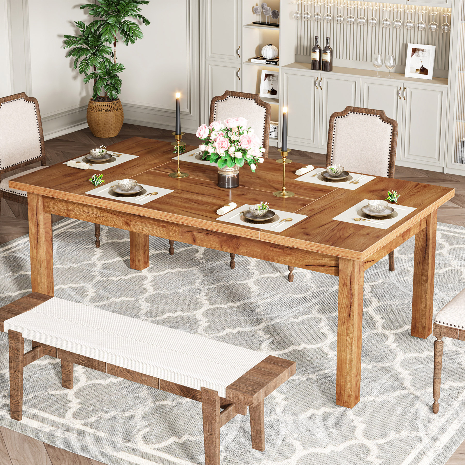 70.9” Rectangular Dining Table Large Wooden Kitchen Dinner Table for 6-8 People