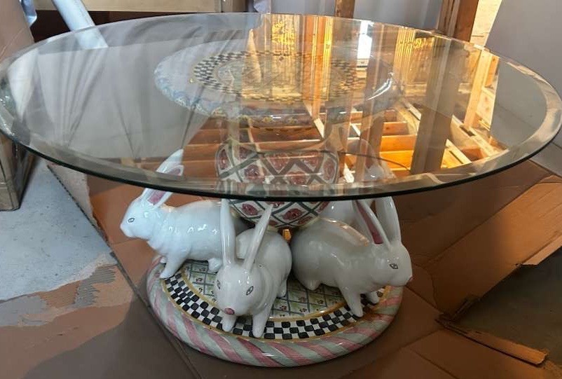 Vintage MacKenzie Childs Bunny Table With Glass Top Excellent