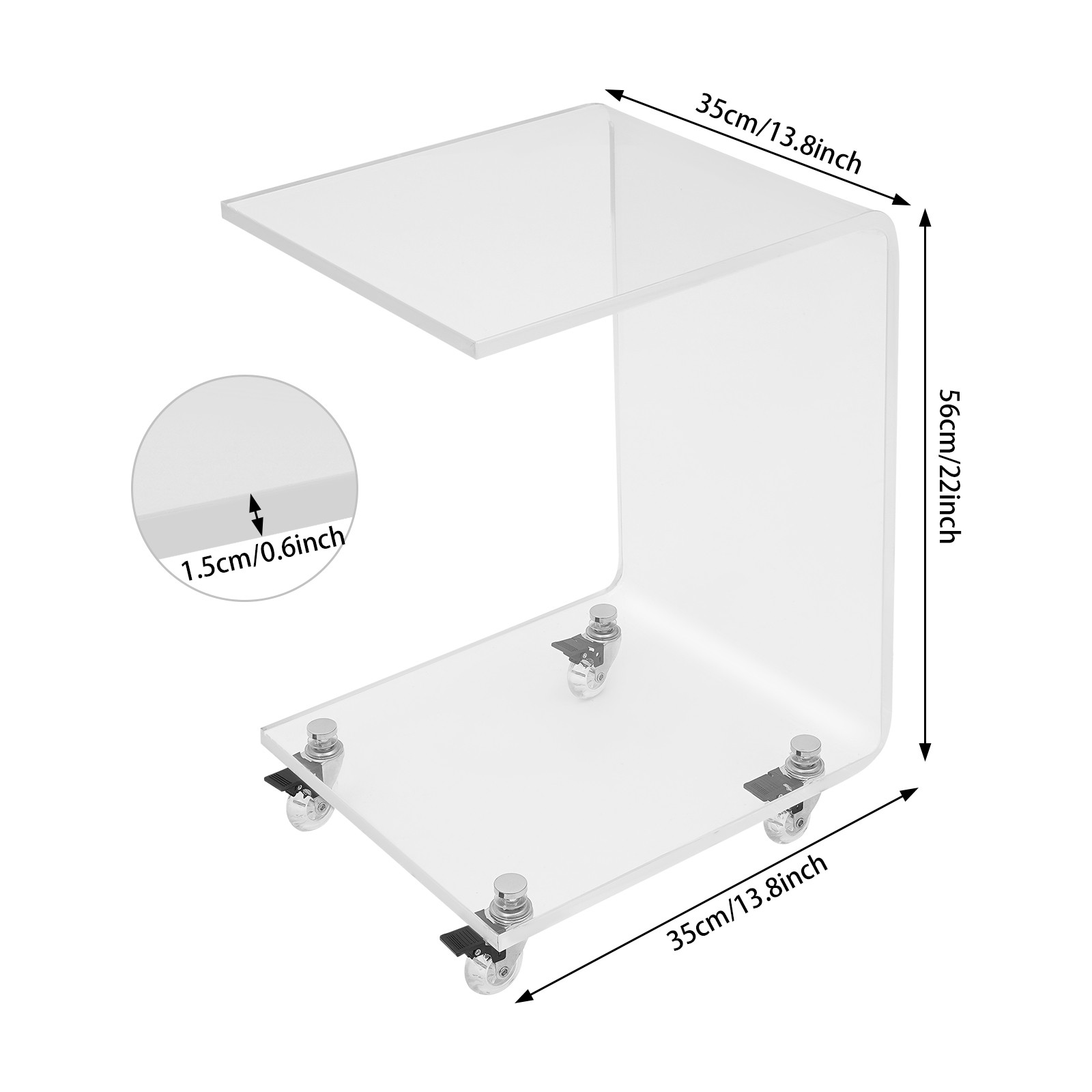 Clear Acrylic C-Shaped Side Table 13.8 × 13.8 × 22 In With 4 Wheels