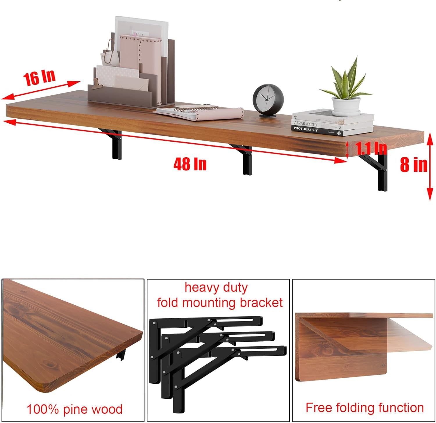 48″ Wall Mounted Folding Table with Pine Wood – Space-Saving Desk & Workbench